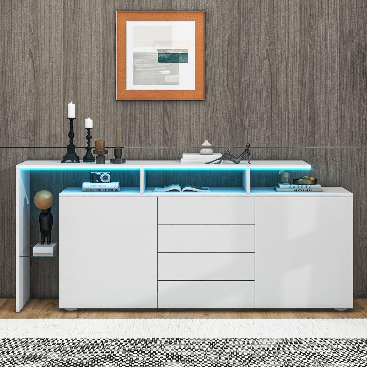 PUGSDRLY buffet blanc brillant avec LED - 160 x 35 x 70 cm meuble TV sideboard - bois d ingénierie montage au sol - rangement salon salle à manger bureau-Nestuphut