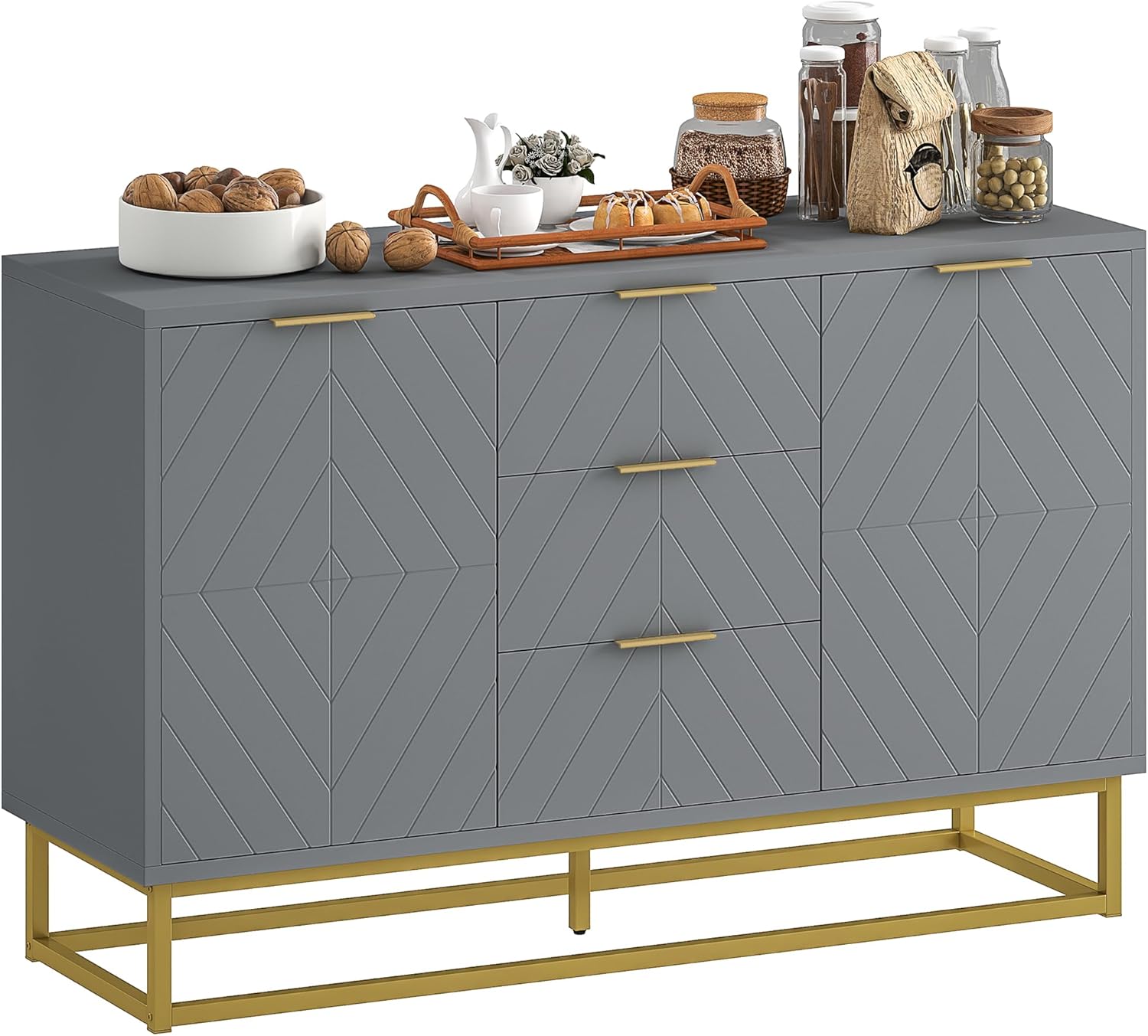HOMCOM buffet moderne gris - 120 x 40 x 76 cm montage au sol - 3 tiroirs 2 portes étagère réglable - bois d ingénierie métal anti renversement-Nestuphut