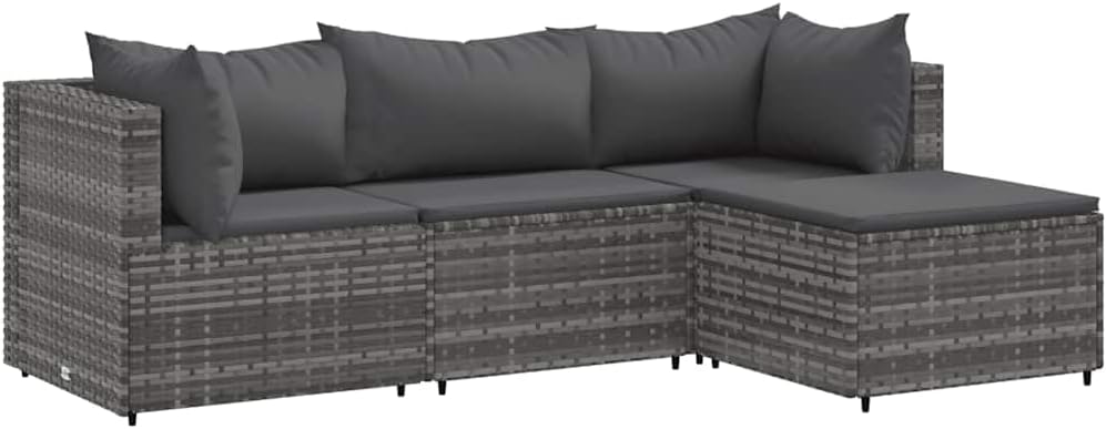 vidaXL Salon de Jardin 4 pieces gris résine tressée canapé d angle mobilier extérieur avec coussins-Nestuphut