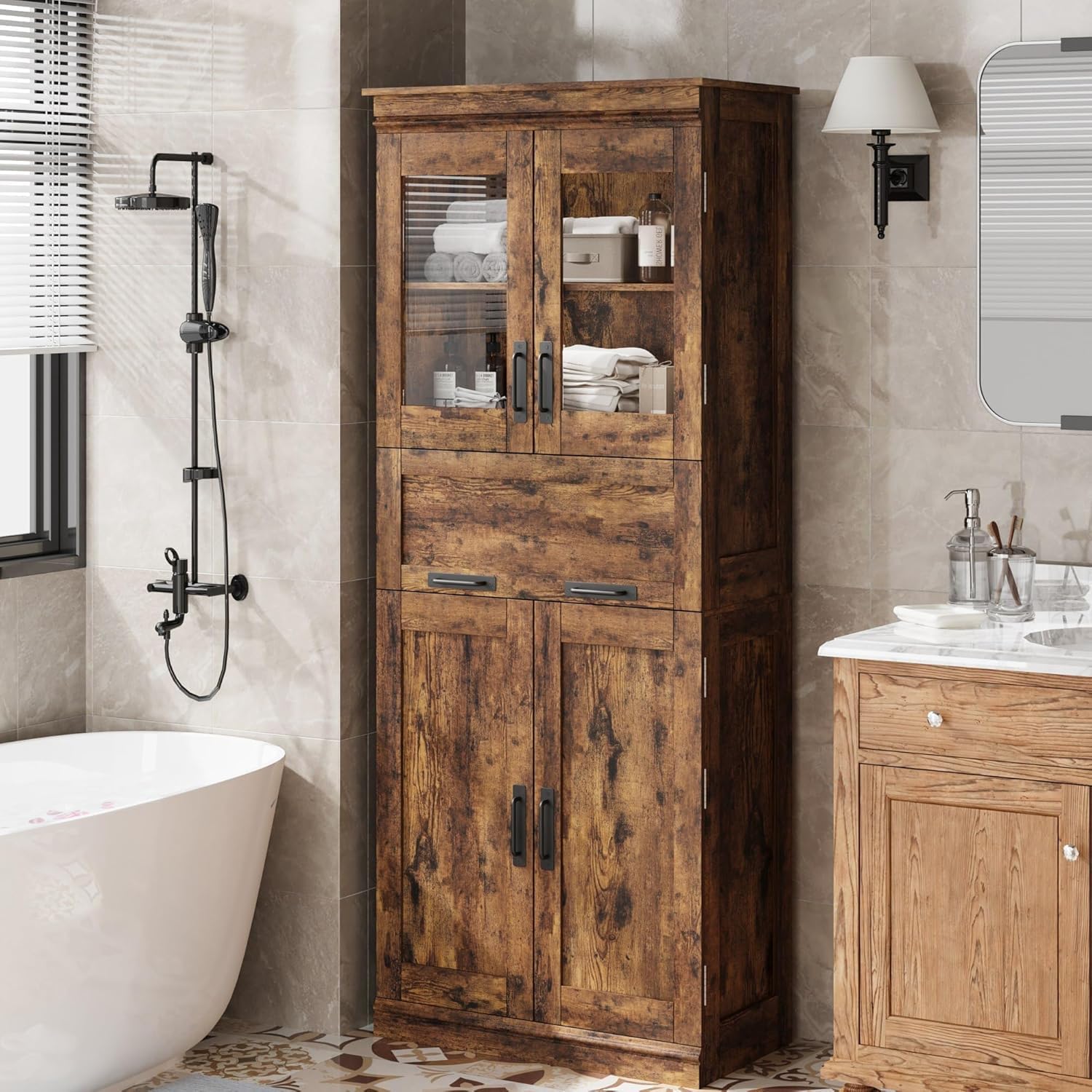 Garvee meuble de rangement salle de bain autoportant - 170 cm avec 4 portes et tiroir façade verre - étagères réglables - montage au sol salon salle de bain-Nestuphut