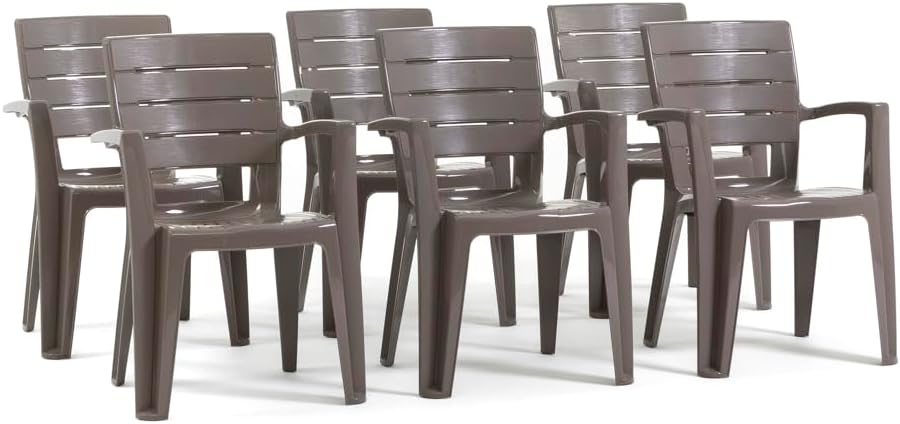 Lot de 6 chaises de jardin empilables RATTATAN Anita effet bois gris tourterelle en polypropylène avec accoudoirs 60 x 58 x 83,5 cm-Nestuphut