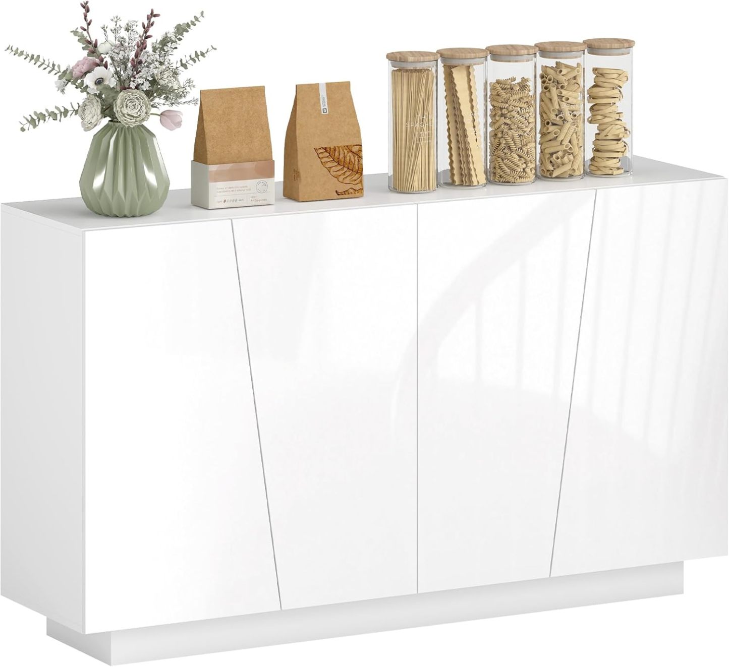 HOMCOM buffet blanc haute brillance - 70 x 40 x 88 cm placard double porte géométrique - bois d ingénierie étagère réglable - rangement moderne cuisine salon-Nestuphut