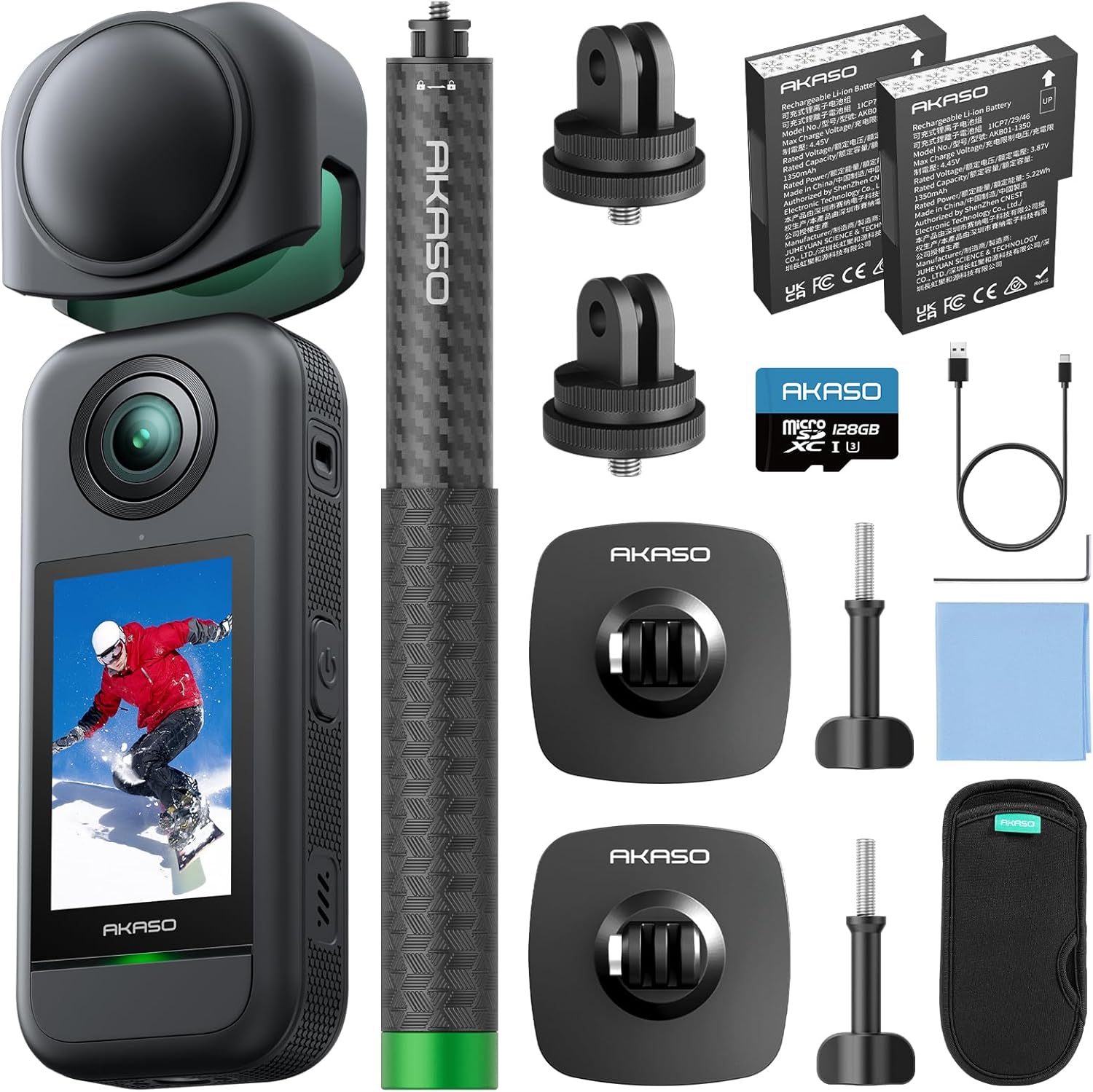 AKASO 360 Aventure Neige Combo - Caméra sport 360 5.7K - Carte 128 Go stabilisation SuperSmooth et suivi IA-Nestuphut