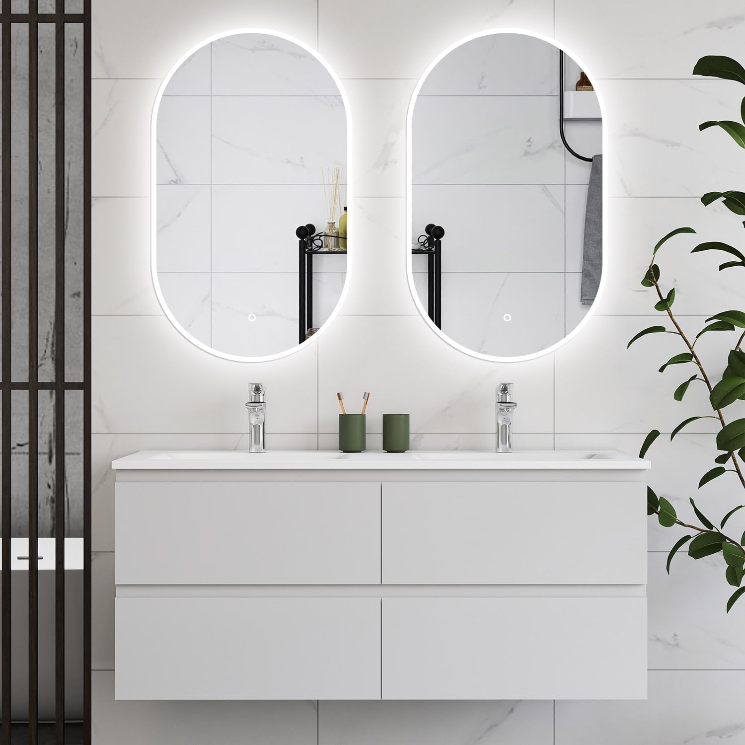 HAPAOSO ensemble meubles salle de bain blanc mat - 120 x 46 x 52 cm avec double vasque céramique - 4 tiroirs de stockage - miroir LED ovale dimmable-Nestuphut