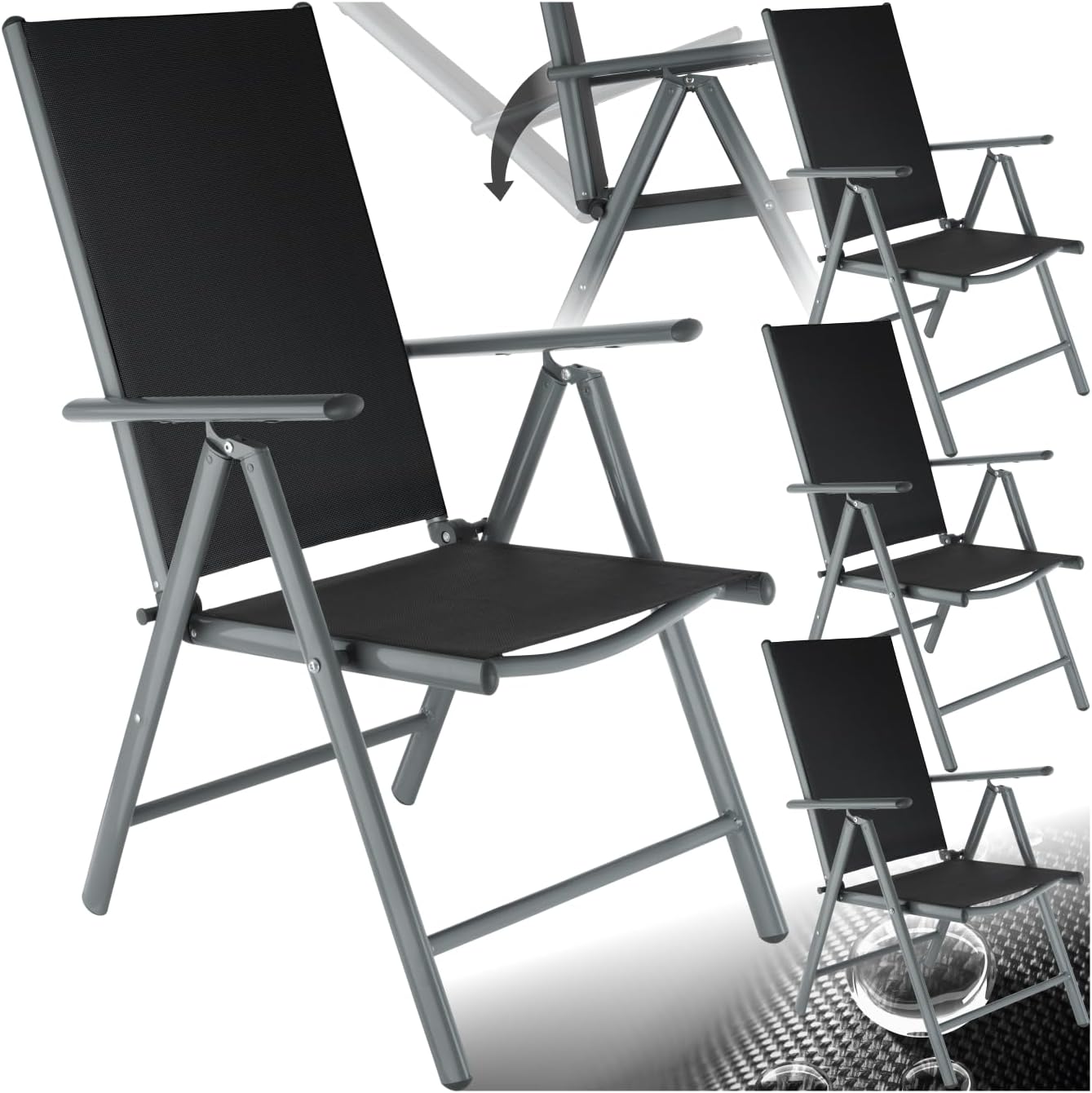 Lot de 4 chaises de jardin pliantes TecTake anthracite avec accoudoirs dossier haut réglable 7 positions-Nestuphut
