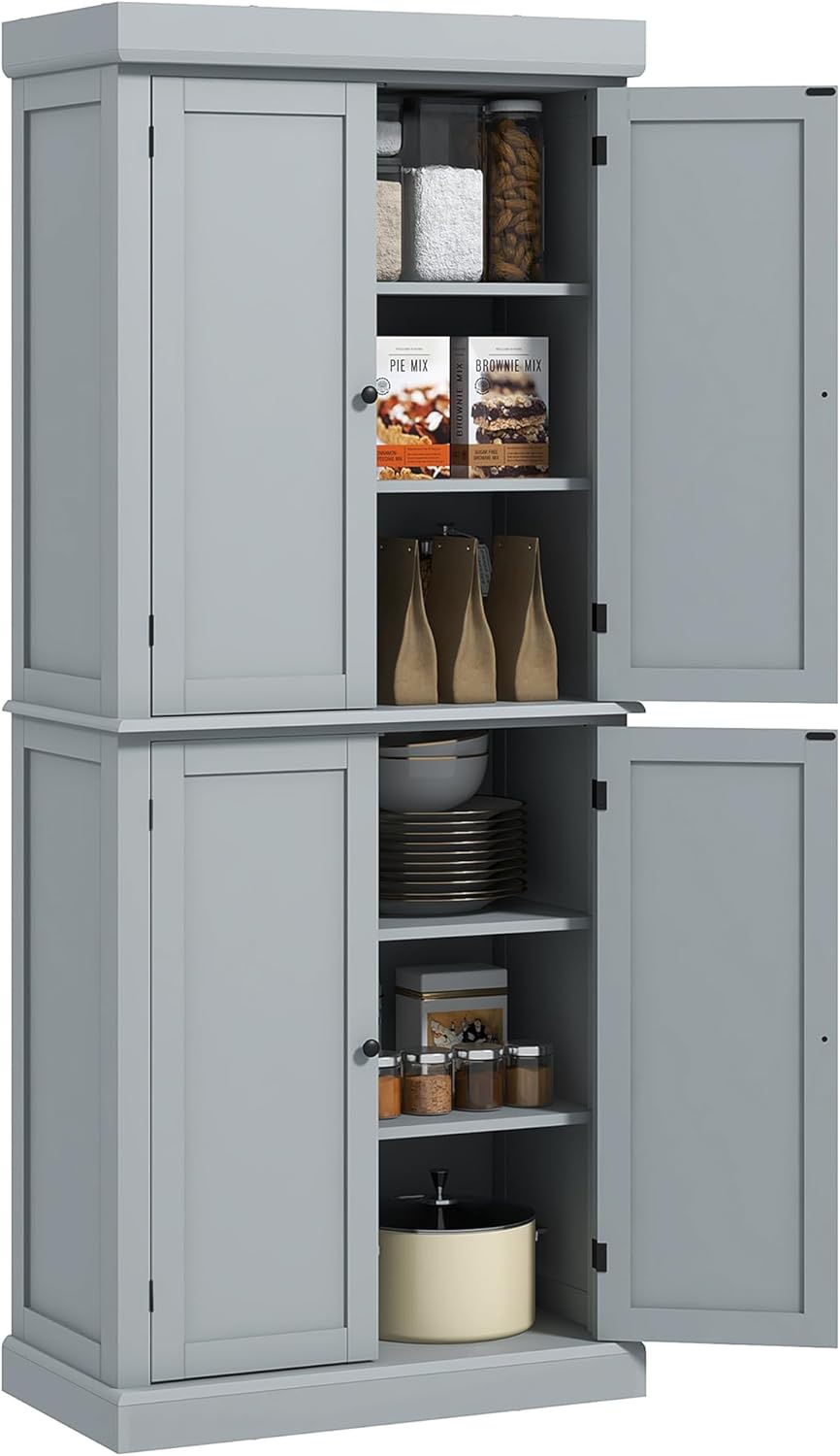 HOMCOM armoire cuisine buffet gris - 76 x 40,5 x 184 cm vaisselier moderne - placards étagères réglables - bois d ingénierie anti basculement salle à manger-Nestuphut