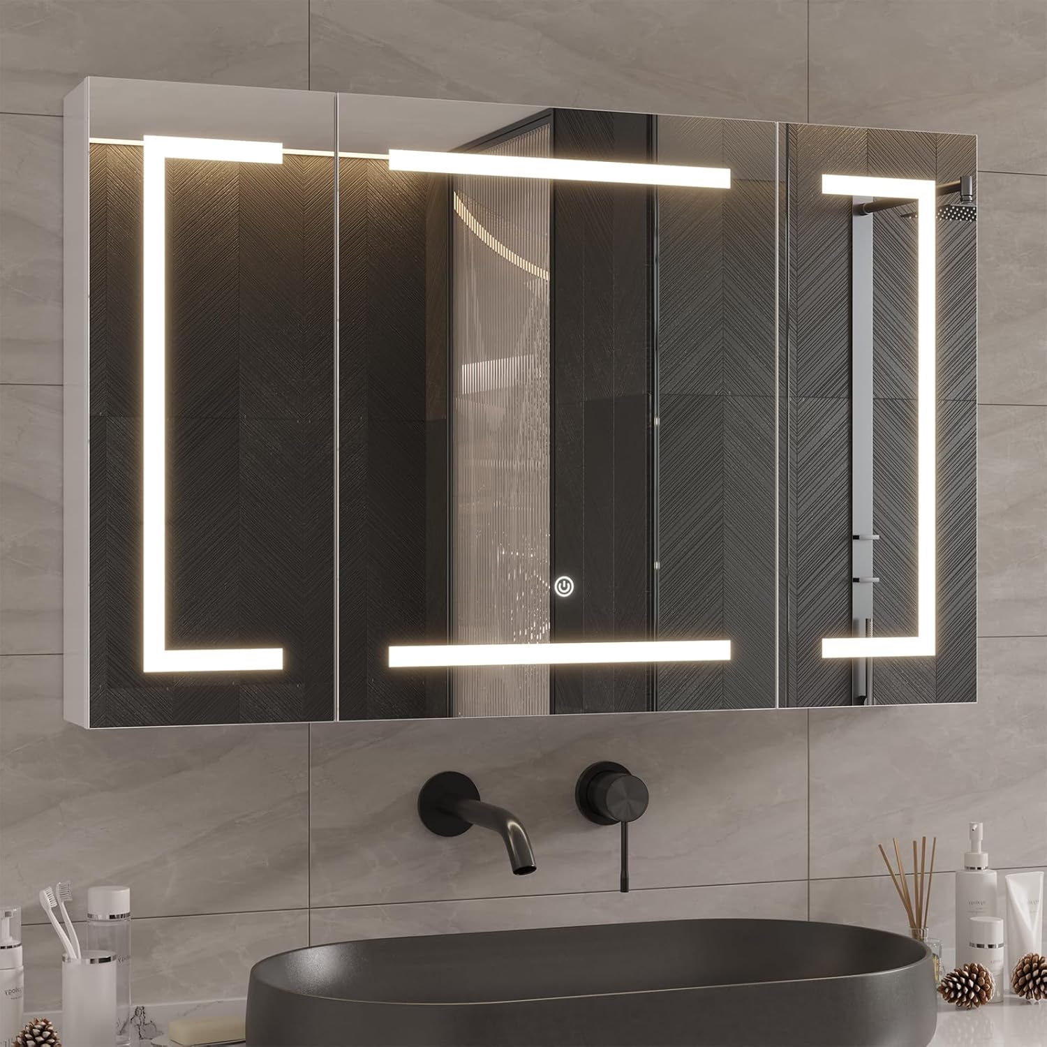 DICTAC armoire miroir salle de bain blanche - 100 x 13,5 x 60 cm en métal - éclairage LED prise 3 portes miroir - étagère réglable montage mural-Nestuphut