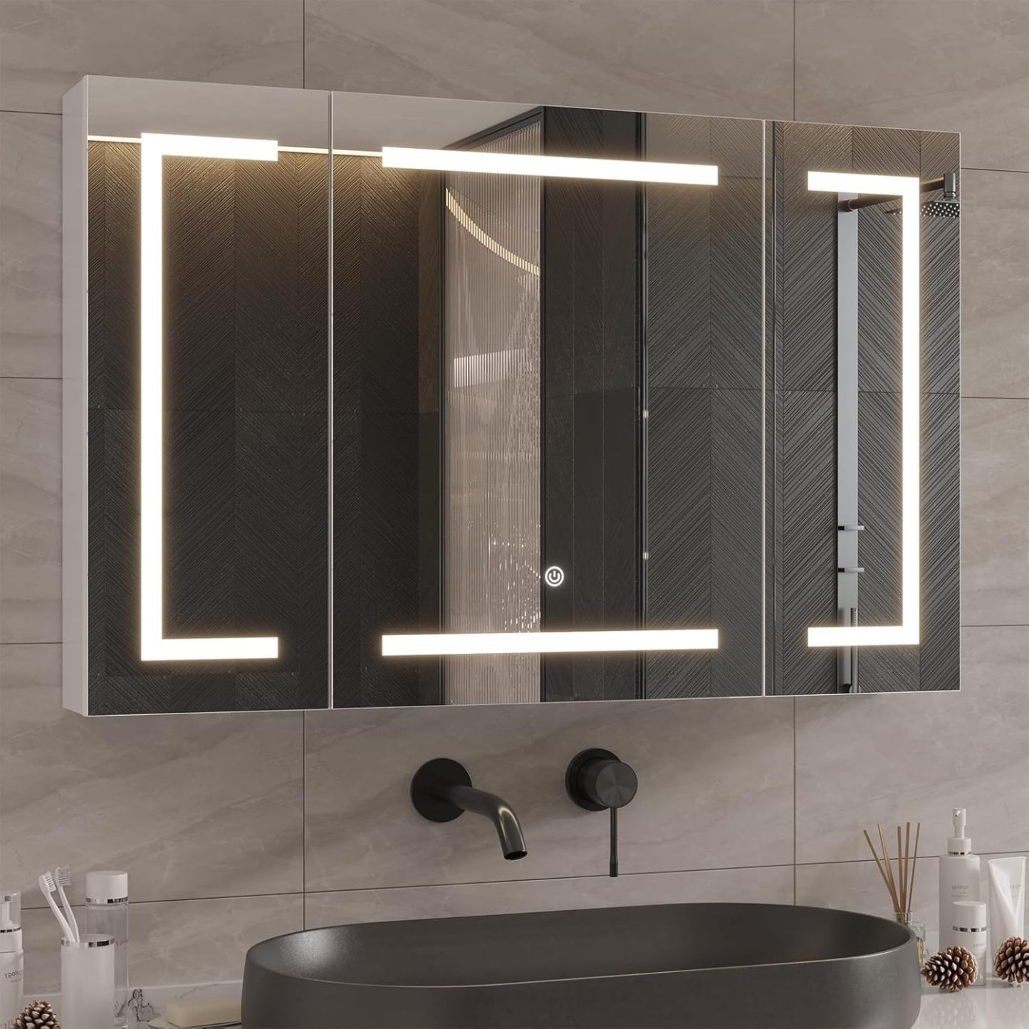 DICTAC armoire miroir salle de bain blanche - 100 x 13,5 x 60 cm en métal - éclairage LED prise 3 portes miroir - étagère réglable montage mural-Nestuphut