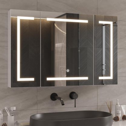 DICTAC armoire miroir salle de bain blanche - 100 x 13,5 x 60 cm en métal - éclairage LED prise 3 portes miroir - étagère réglable montage mural-Nestuphut