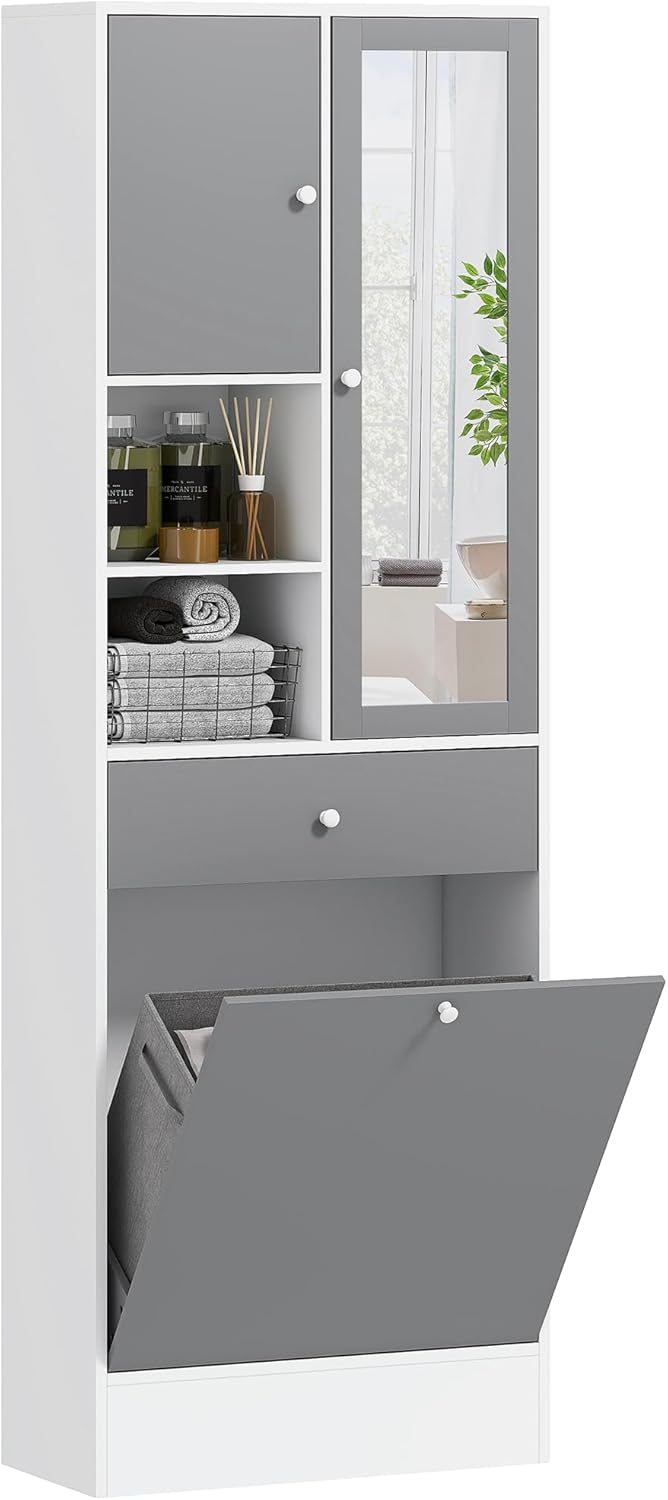 HOMCOM meuble salle de bain haut gris et blanc - 62 x 28,3 x 181 cm avec coffre à linge et miroir - portes placards 2 compartiments ouverts tiroir - bois d ingénierie verre étagère réglable-Nestuphut
