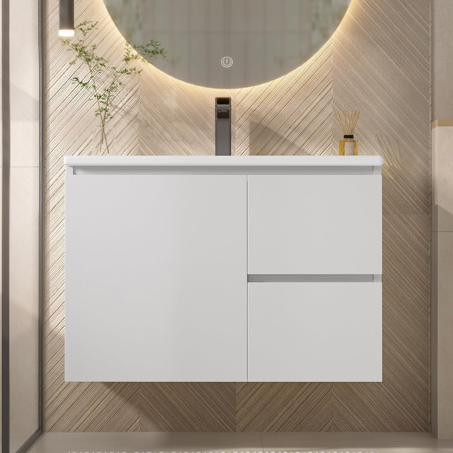 entapuk meuble sous vasque salle de bain blanc - 76 x 46 x 50 cm avec 2 tiroirs - vasque intégrée éclairage LED capteur radar - glissières silencieuses étagères latérales-Nestuphut