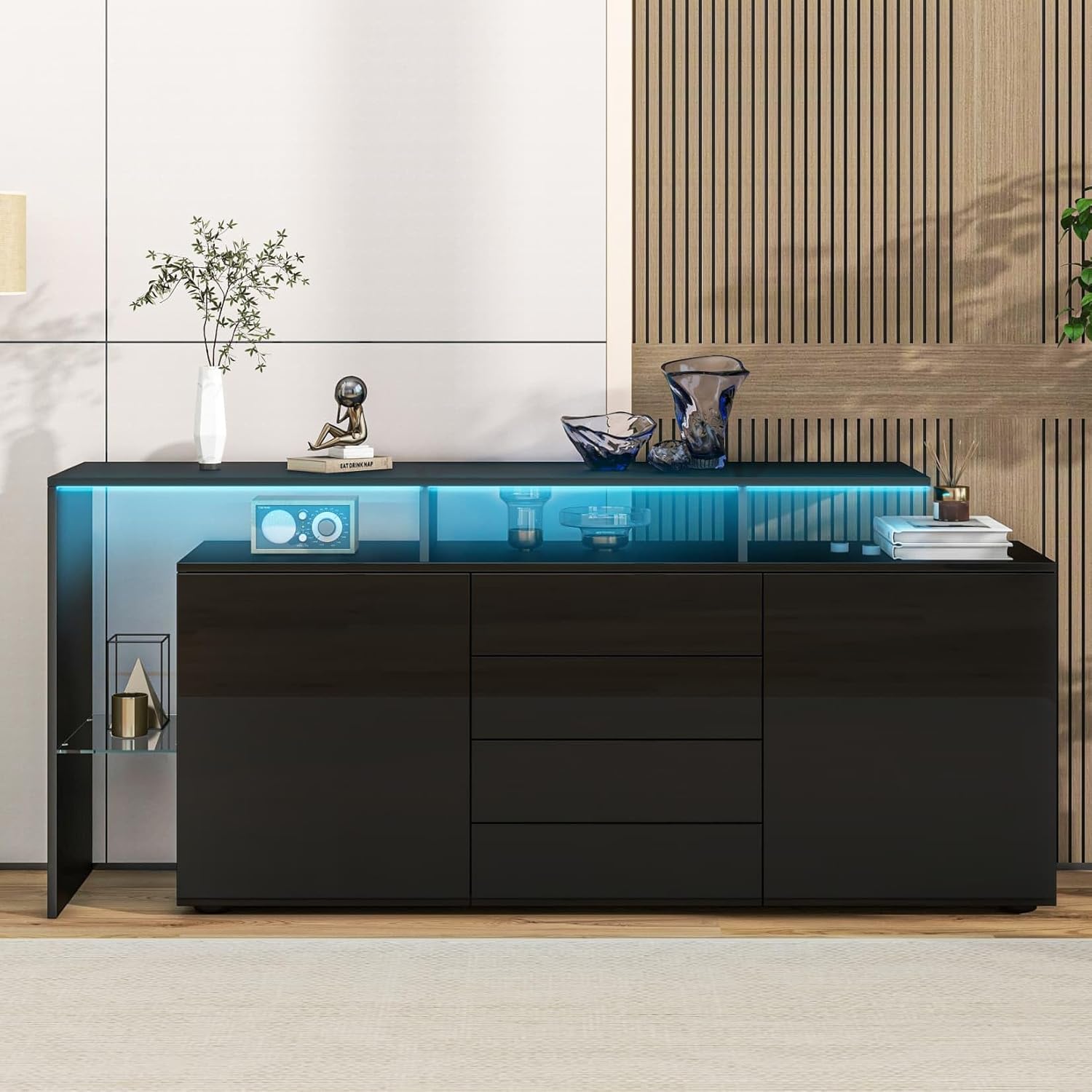 EURHCIO buffet cuisine noir brillant - 160 x 35 x 70 cm avec éclairage LED réglable - 4 tiroirs 2 étagères réglables - bois d ingénierie verre style moderne-Nestuphut