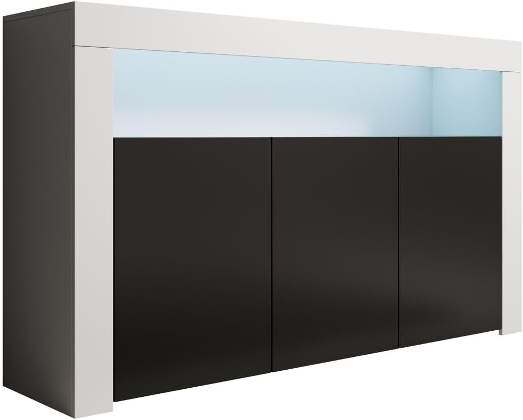 Buffet LED MB Muebles Bonitos Aker 155 cm blanc noir 3 portes meuble TV et rangement salon salle a manger moderne-Nestuphut