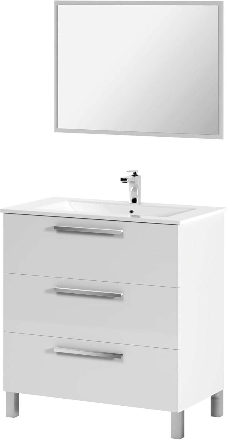 Arkitmobel Athena meuble salle de bain blanc brillant - 80 x 45 x 86 cm avec miroir - 3 tiroirs de rangement - style moderne poids 34,2 kg-Nestuphut