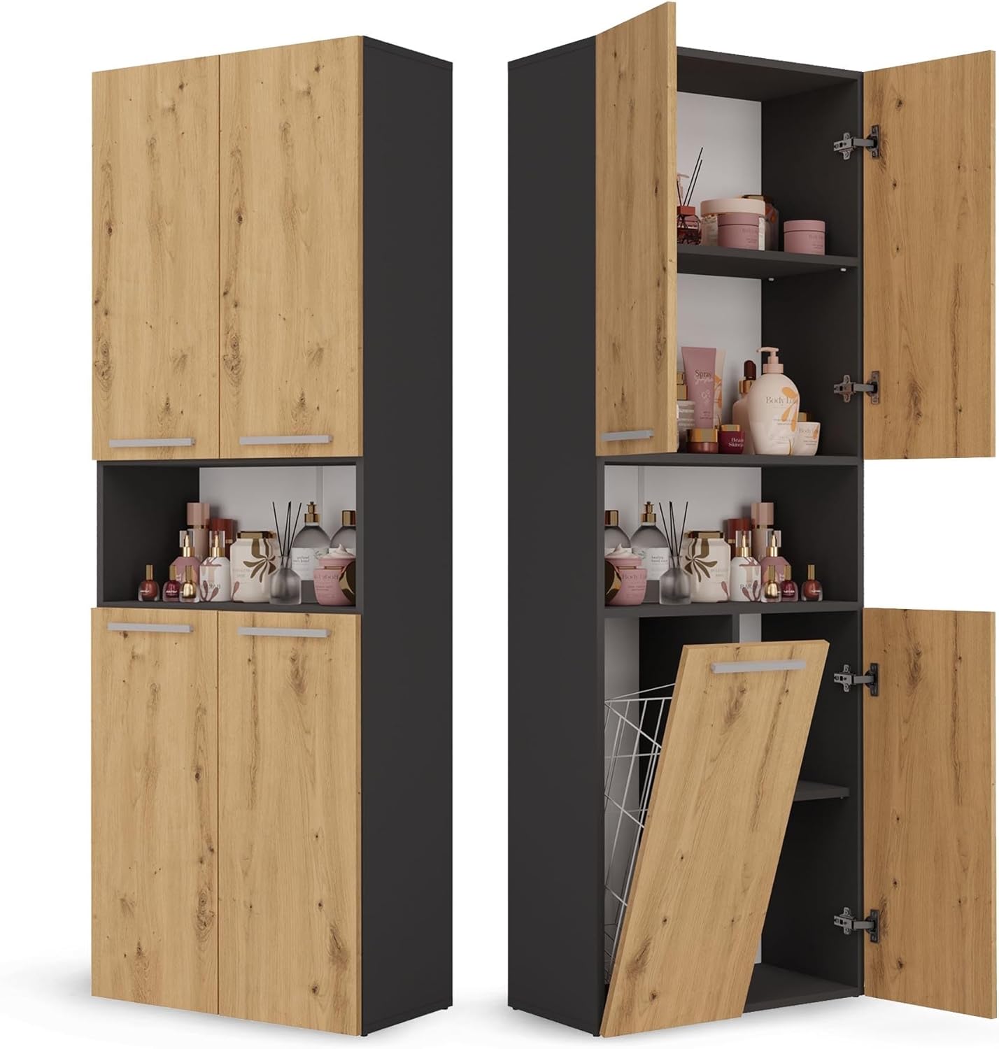 CDF armoire haute salle de bain anthracite et chêne artisan - 60 x 30 x 174 cm avec 4 portes - étagère réglable et panier à linge - bois d ingénierie plastique-Nestuphut