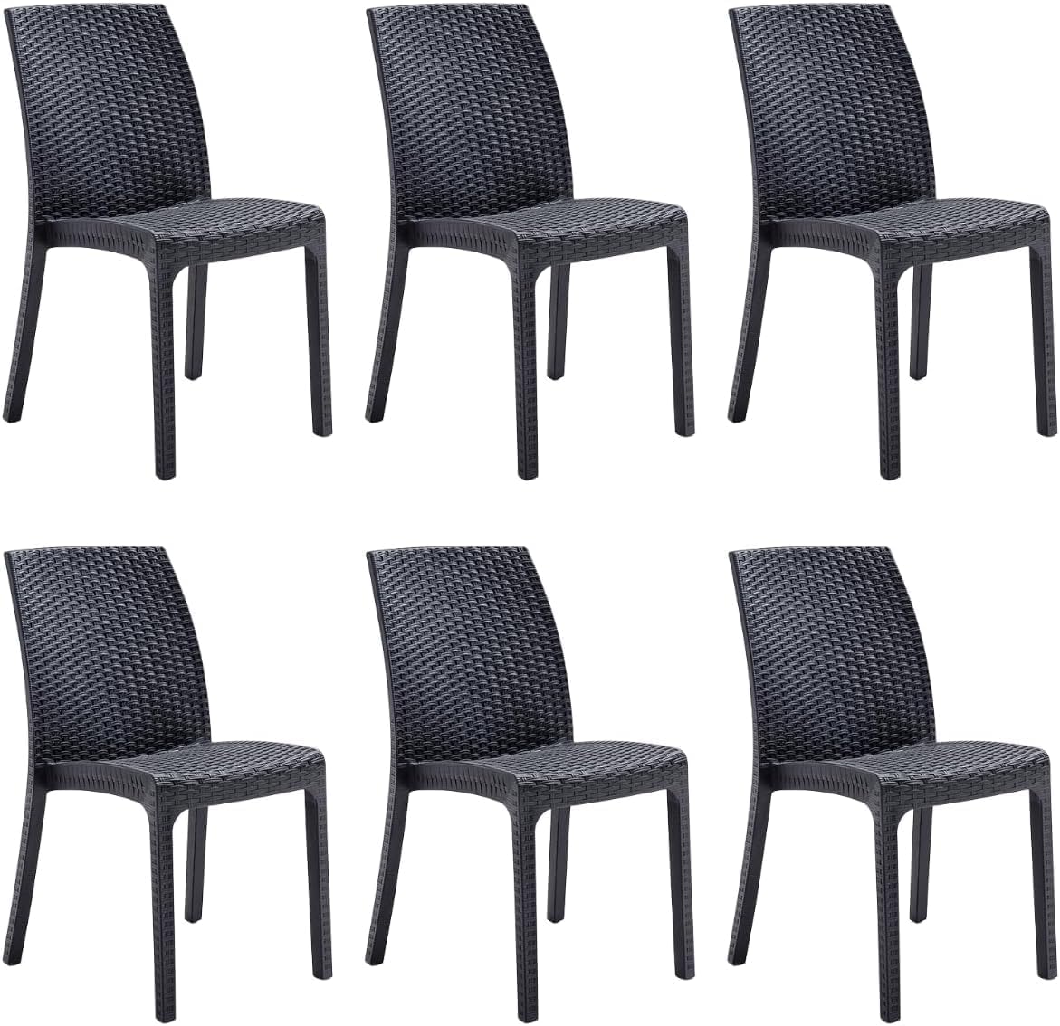Lot de 6 chaises de jardin empilables Tomaino en plastique noir aspect rotin pour extérieur balcon et bar-Nestuphut