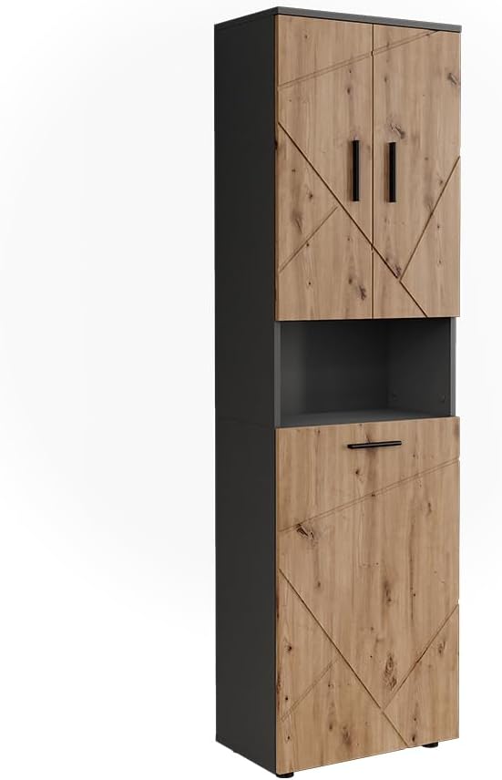 Vicco Irma armoire haute salle de bain anthracite et artisan - 50 x 30 x 172 cm montage au sol - bois d ingénierie laqué - 3 portes panier à linge intégré-Nestuphut