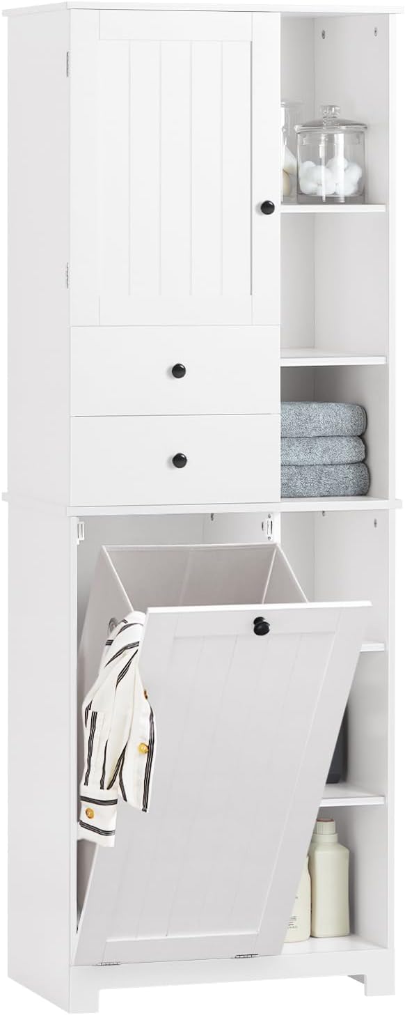 SoBuy BZR104 W colonne salle de bain blanche - 60 x 37 x 171 cm avec panier à linge - 6 étagères et 2 tiroirs - bois d ingénierie montage au sol-Nestuphut