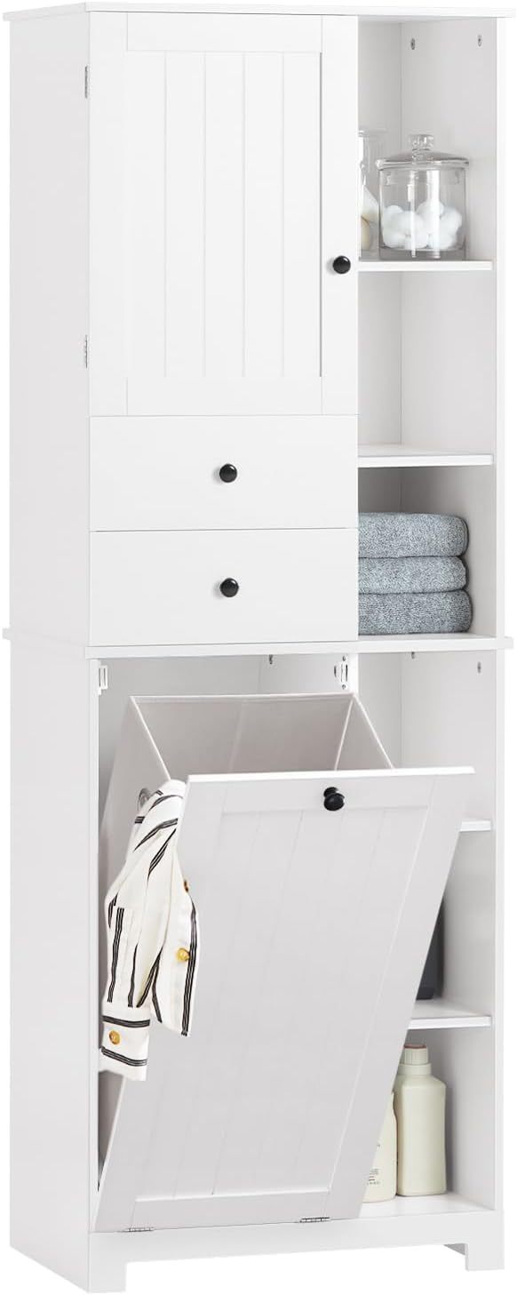 SoBuy BZR104 W colonne salle de bain blanche - 60 x 37 x 171 cm avec panier à linge - 6 étagères et 2 tiroirs - bois d ingénierie montage au sol-Nestuphut