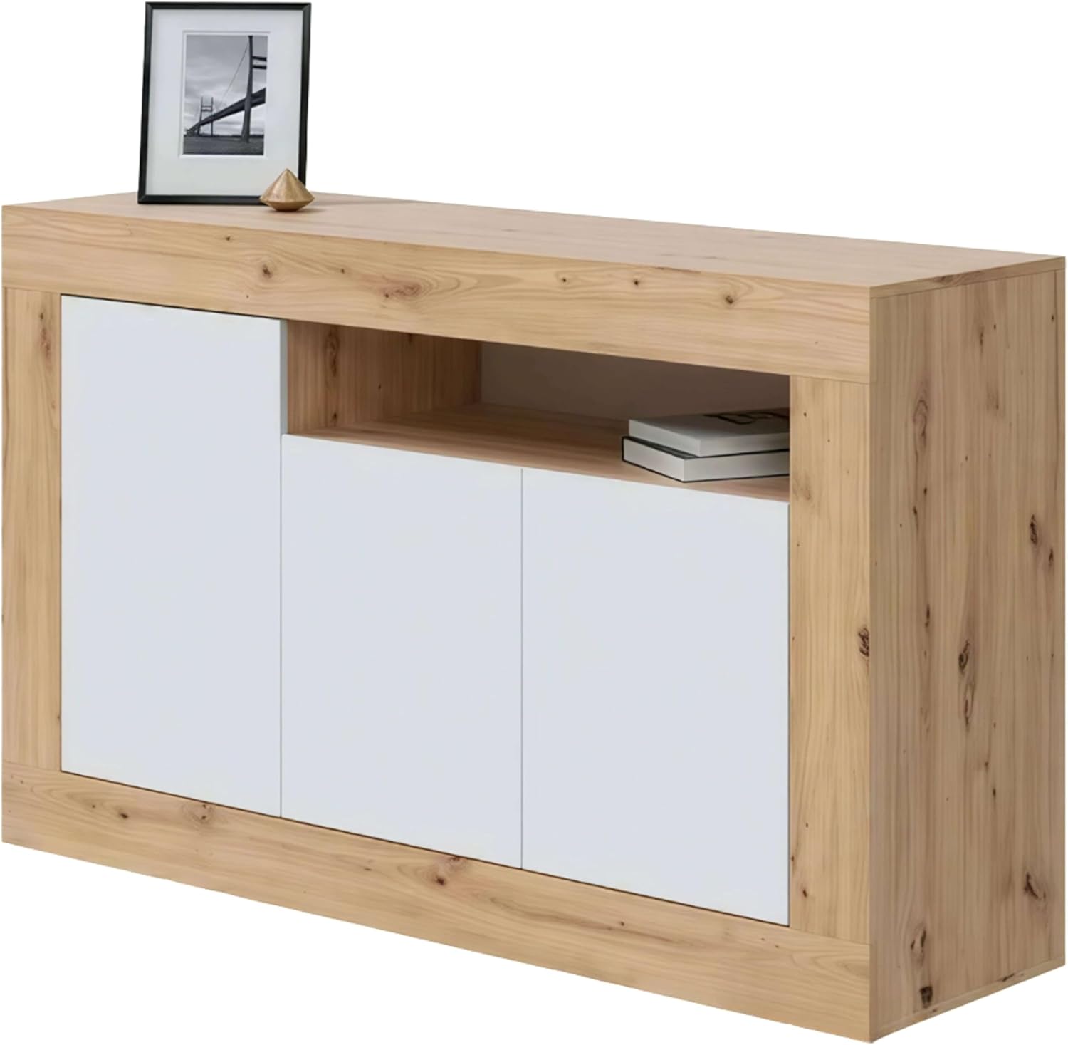 Habitdesign Baltik buffet blanc Artik et chêne Nodi - 144 x 42 x 87 cm avec 3 portes - mélamine style moderne - armoire appoint salon entrée salle à manger-Nestuphut