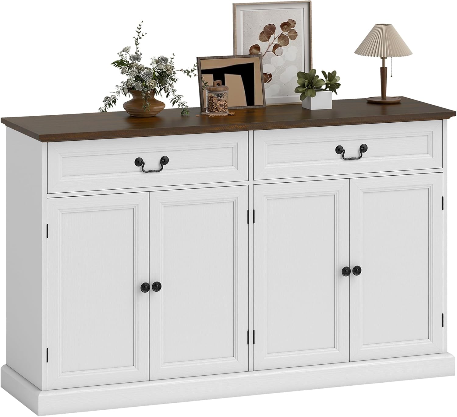 HOMCOM buffet salon blanc et marron - 140 x 40 x 85 cm avec 4 portes et 2 tiroirs silencieux - plateau épais étagères ajustables - style rustique cuisine salle à manger-Nestuphut