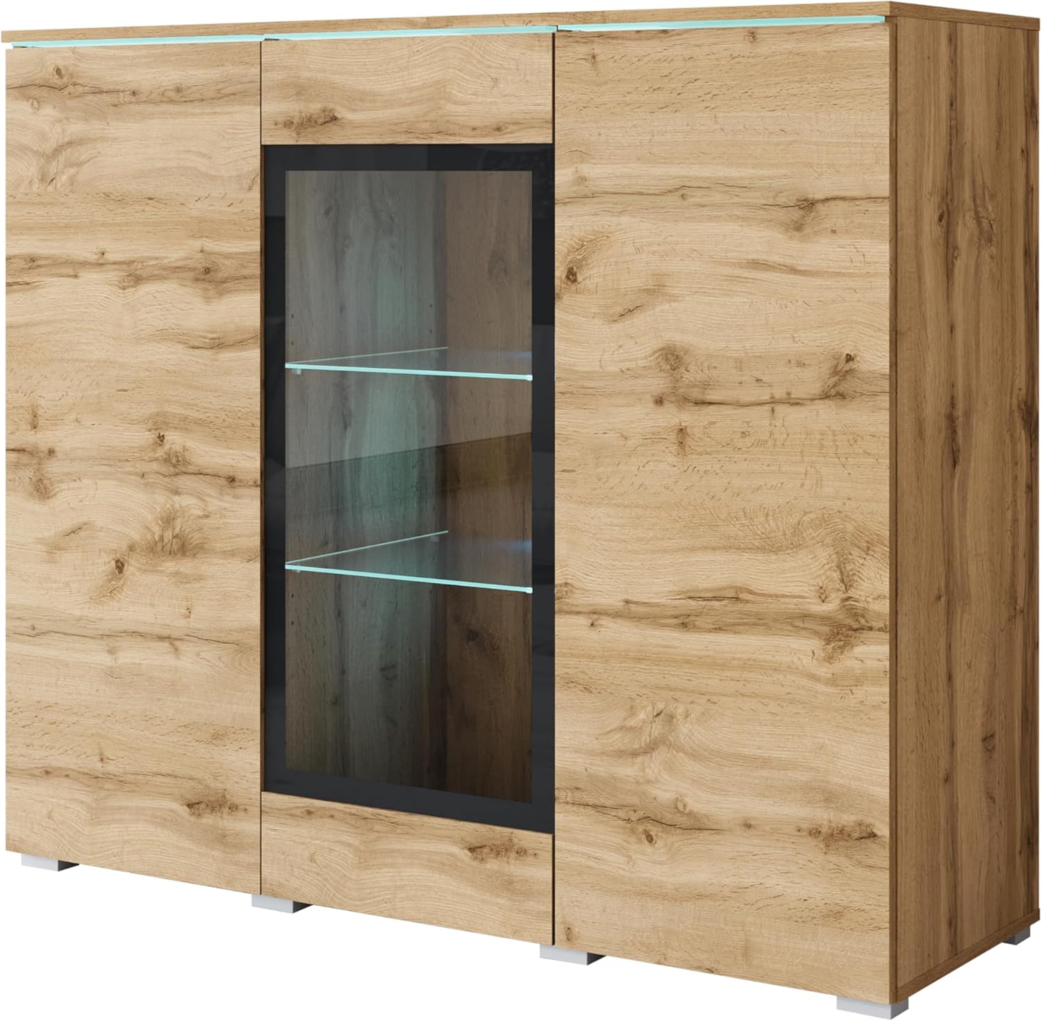 MINIO Veve buffet salle à manger chêne Wotan - 120 x 39,5 x 103,3 cm avec éclairage LED - bois d ingénierie finition peinte - 3 portes vitrine montage au sol-Nestuphut