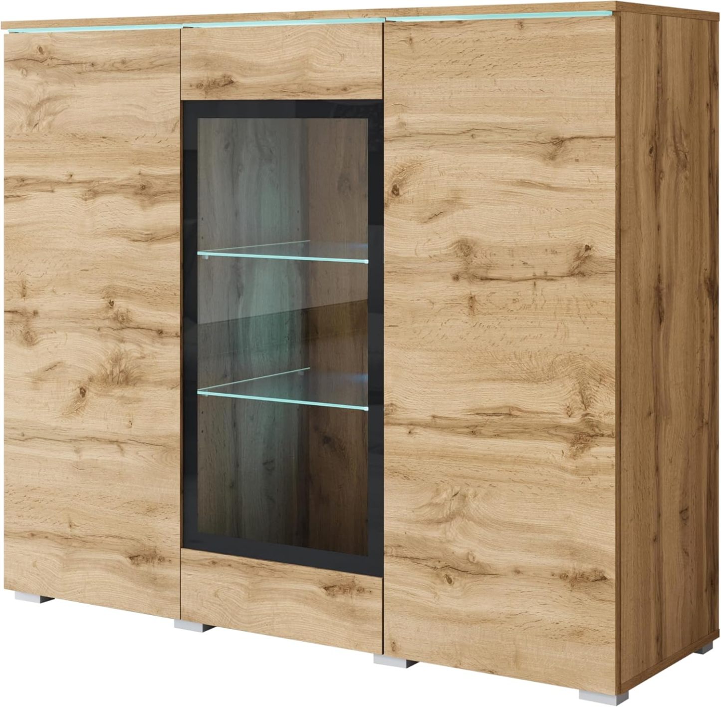 MINIO Veve buffet salle à manger chêne Wotan - 120 x 39,5 x 103,3 cm avec éclairage LED - bois d ingénierie finition peinte - 3 portes vitrine montage au sol-Nestuphut