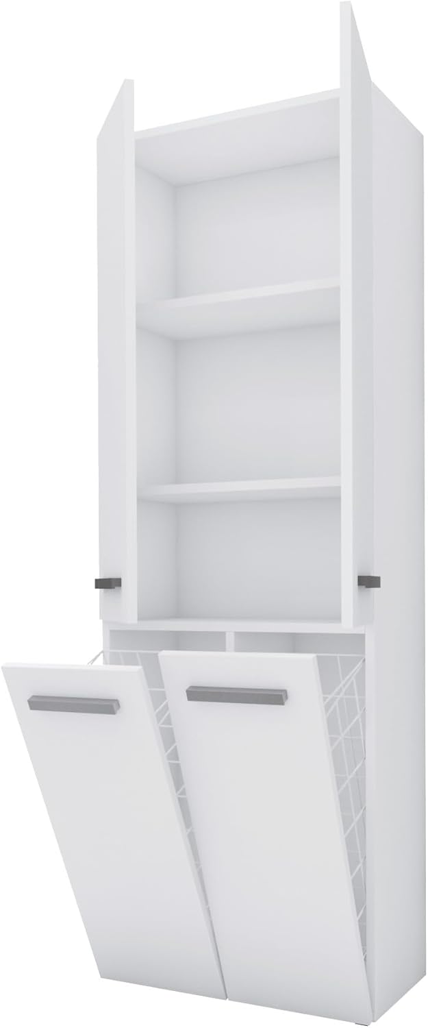 3E living meuble salle de bain blanc - 60 x 30 x 174 cm avec 3 étagères et 2 paniers à linge - plaque laminée ABS pliable - montage au sol ou mural-Nestuphut
