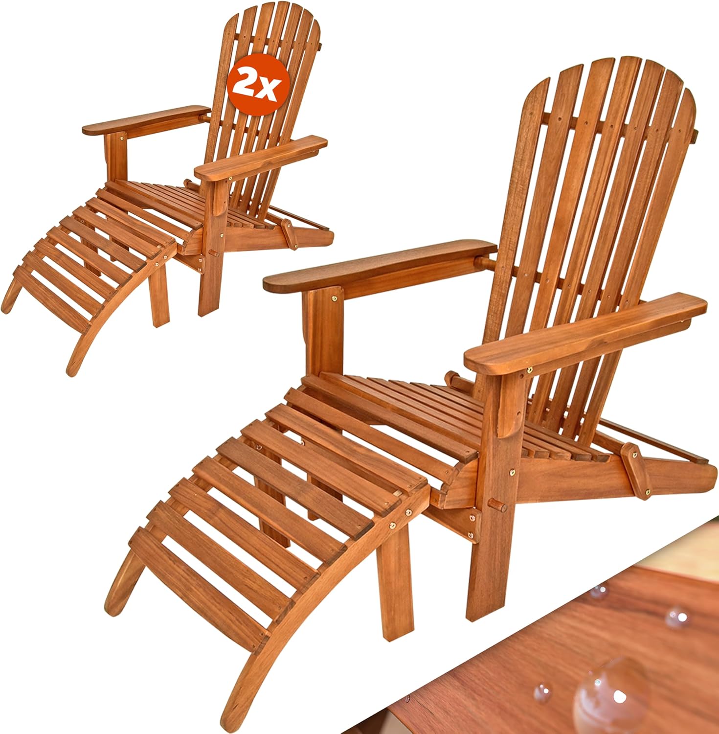 Casaria lot de 2 chaises longues Adirondack acacia avec repose pieds bain de soleil pliable jardin terrasse balcon-Nestuphut