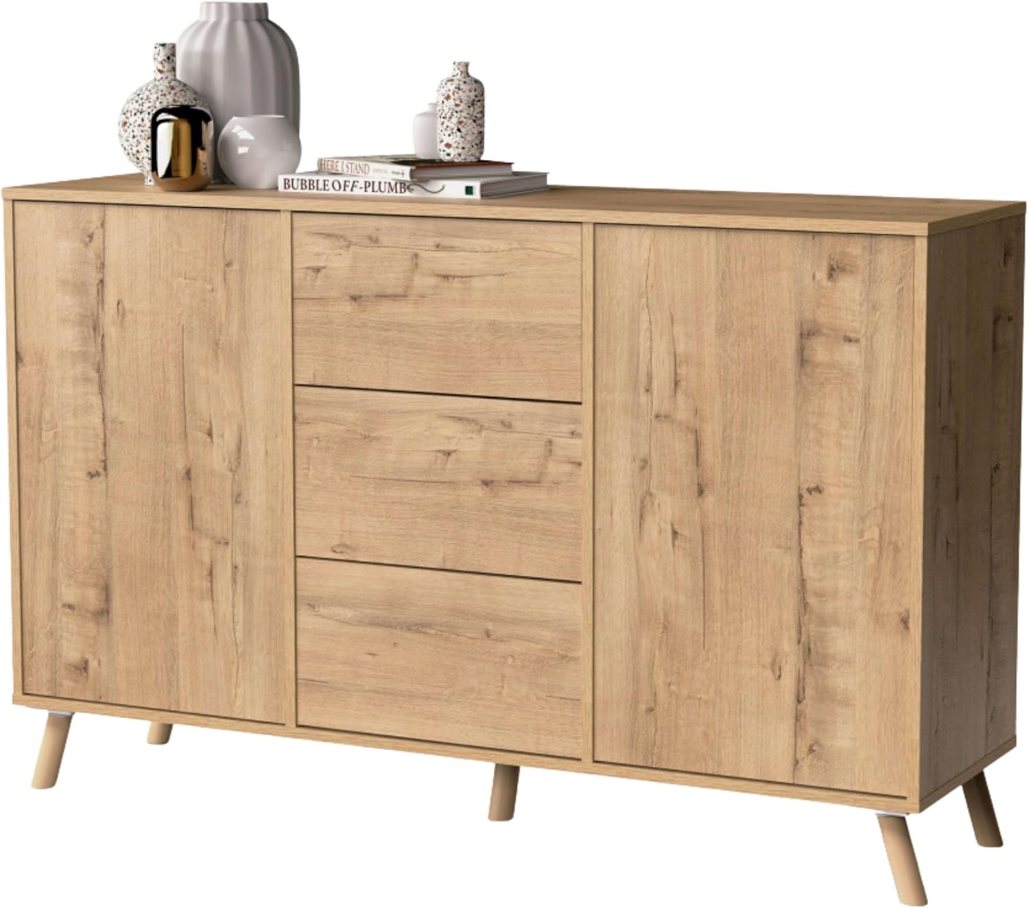 Muebles Pitarch Oslo buffet chêne doré - 140 x 40 x 89 cm avec 2 portes et 3 tiroirs - mélamine poignée Push avec pieds - style moderne nordique salle à manger-Nestuphut