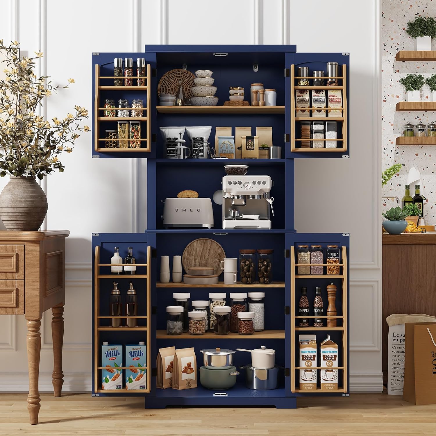 HOLTICO armoire cuisine bleue - 76 x 40 x 182 cm avec plan de travail - portes et étagères de rangement - bois peint garde manger salle à manger buanderie salon-Nestuphut