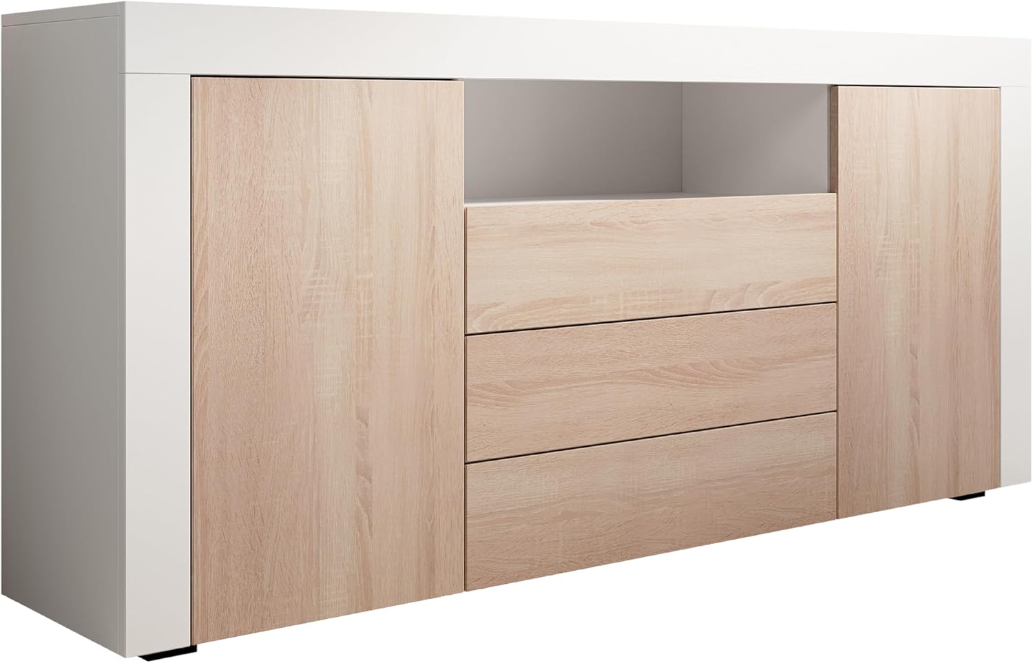 MB Muebles Bonitos Yanis buffet blanc et Sonoma - 160 x 35 x 72 cm avec 2 portes et 3 caissons - mélamine mate grande capacité - salon salle à manger moderne-Nestuphut