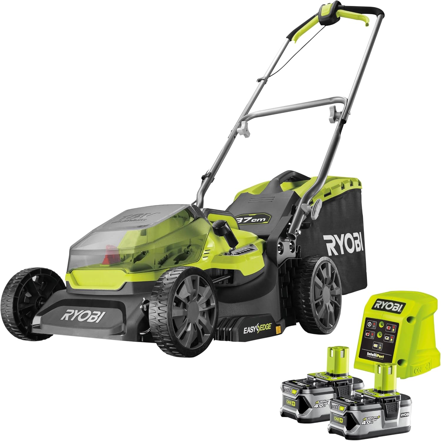 RYOBI ONE Brushless tondeuse 18 V - Coupe 37 cm avec deux batteries 4 Ah hauteur réglable 70 mm-Nestuphut