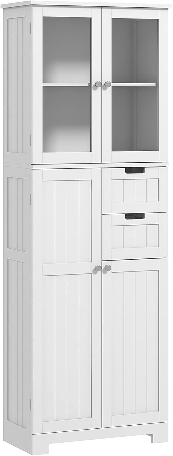 HOMCOM colonne salle de bain blanche - 60 x 30 x 170 cm avec portes vitrées placards tiroirs - bois d ingénierie étagères réglables - rangement haut contemporain-Nestuphut