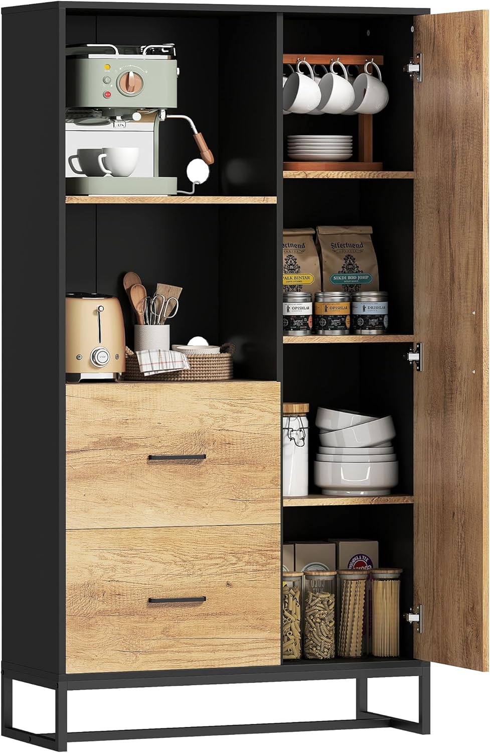Buffet cuisine HOMCOM 160 cm armoire haute 2 tiroirs 1 placard 2 niches ouvertes etageres reglables noir bois pieds acier-Nestuphut