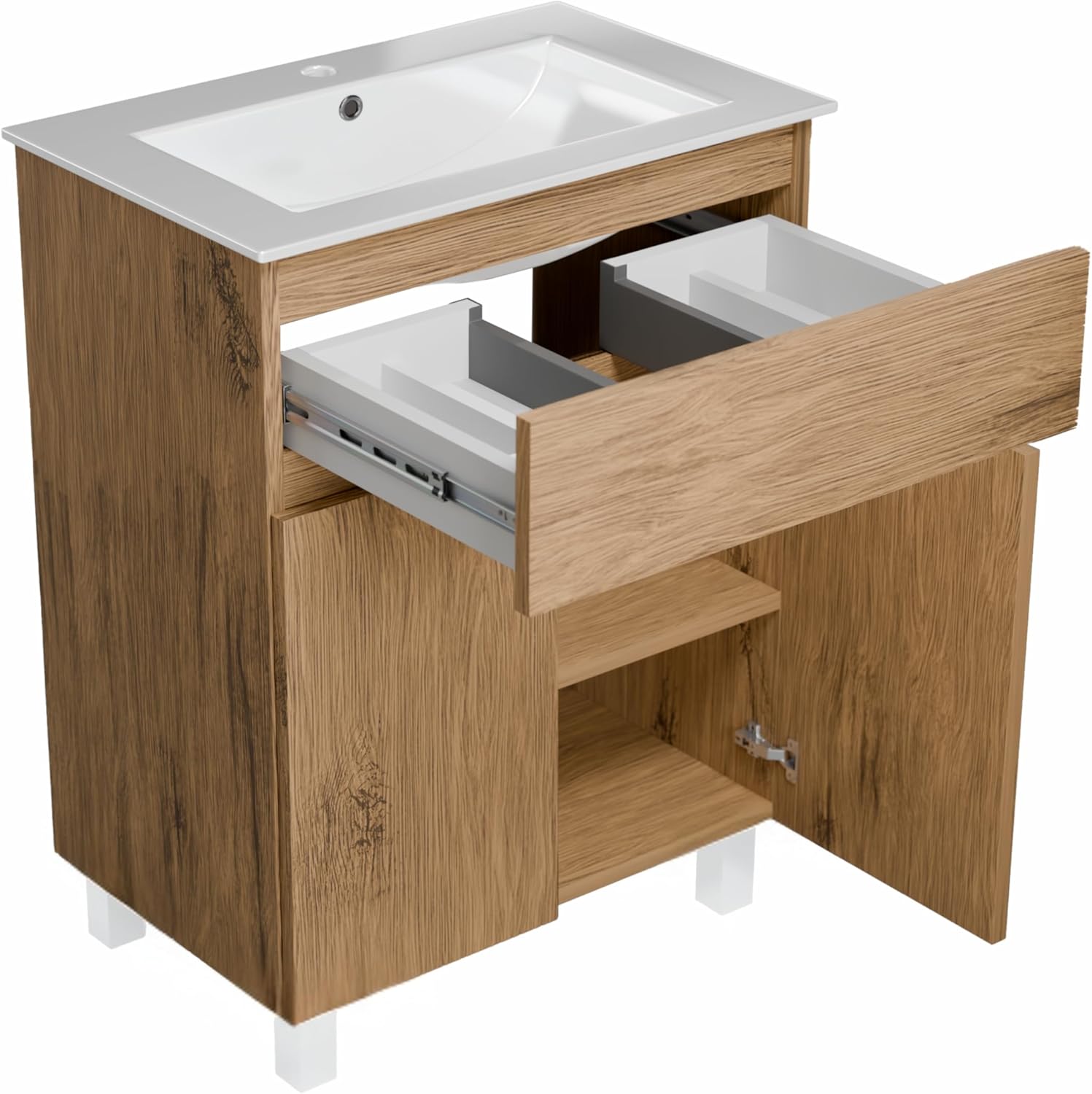 paplinskimoebel Ariza Sink meuble salle de bain chêne Lancelot - 61 x 40 x 83,7 cm avec vasque céramique - 1 tiroir 2 portes fermeture douce - suspendu ou posé sans poignée-Nestuphut