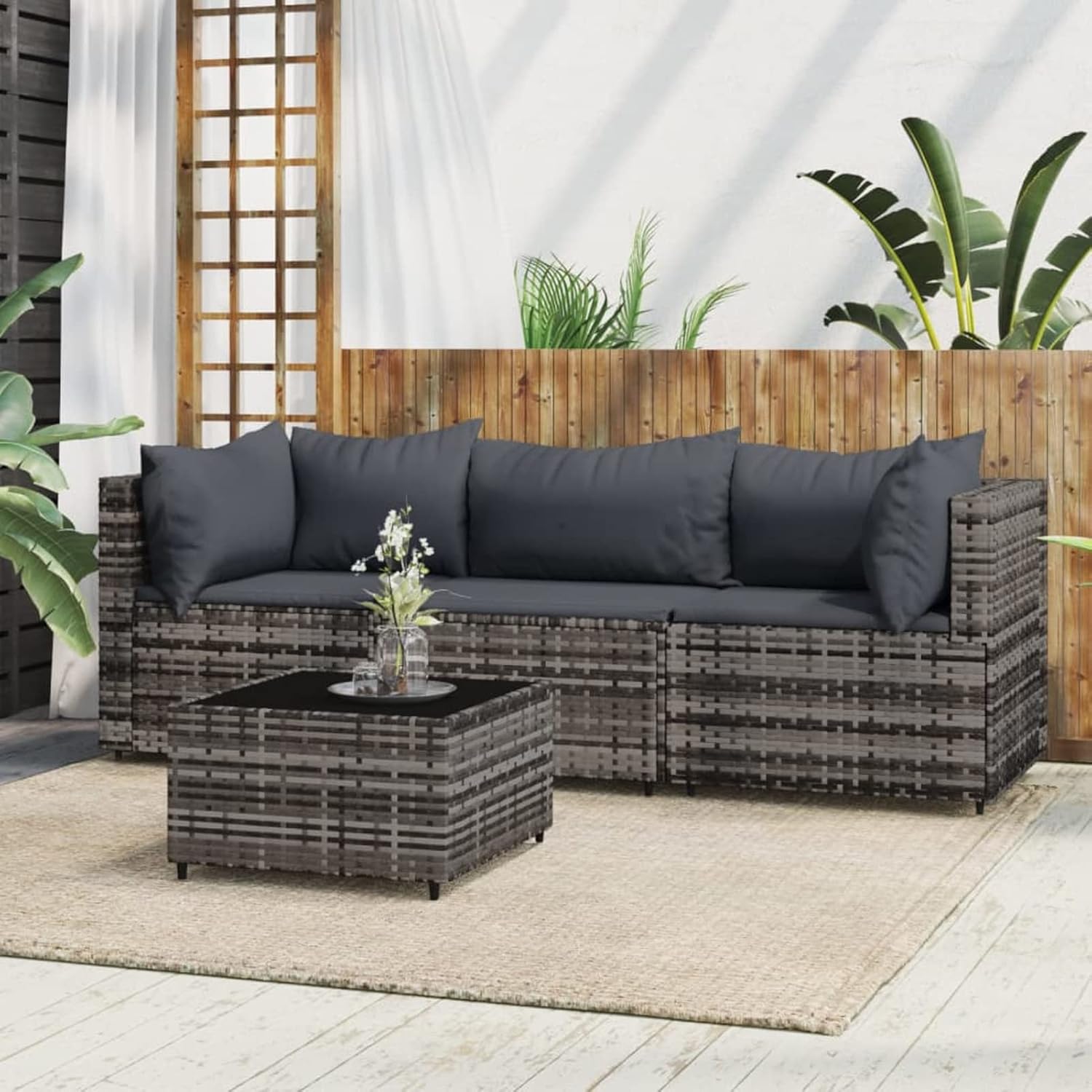 Cosisti Salon de Jardin exterieur en resine canapé d angle central et table mobilier de jardin avec coussins gris-Nestuphut