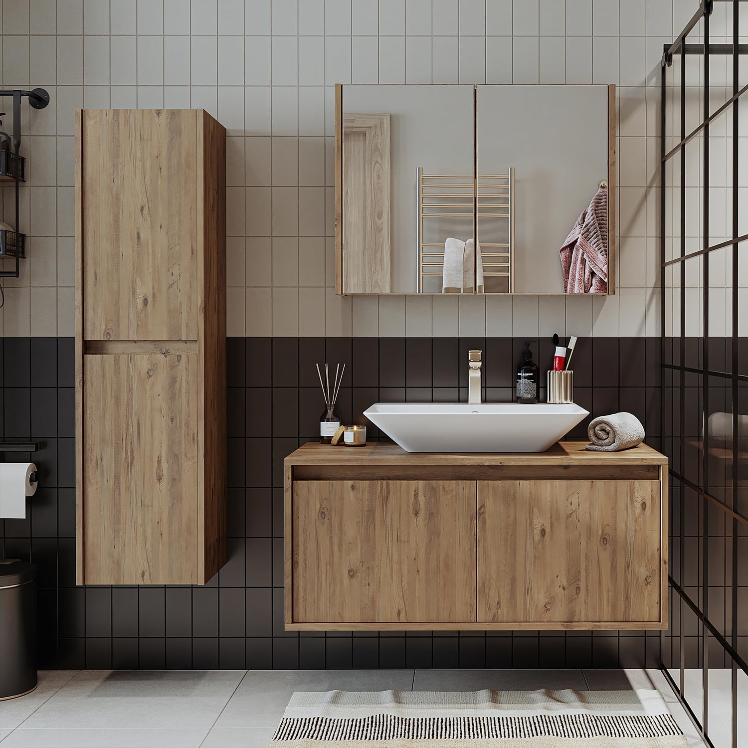 ROOMART Atlantic ensemble meubles salle de bain chêne - kit complet 4 pièces avec meuble bas 100 cm - lavabo céramique armoire miroir - armoire haute style moderne-Nestuphut