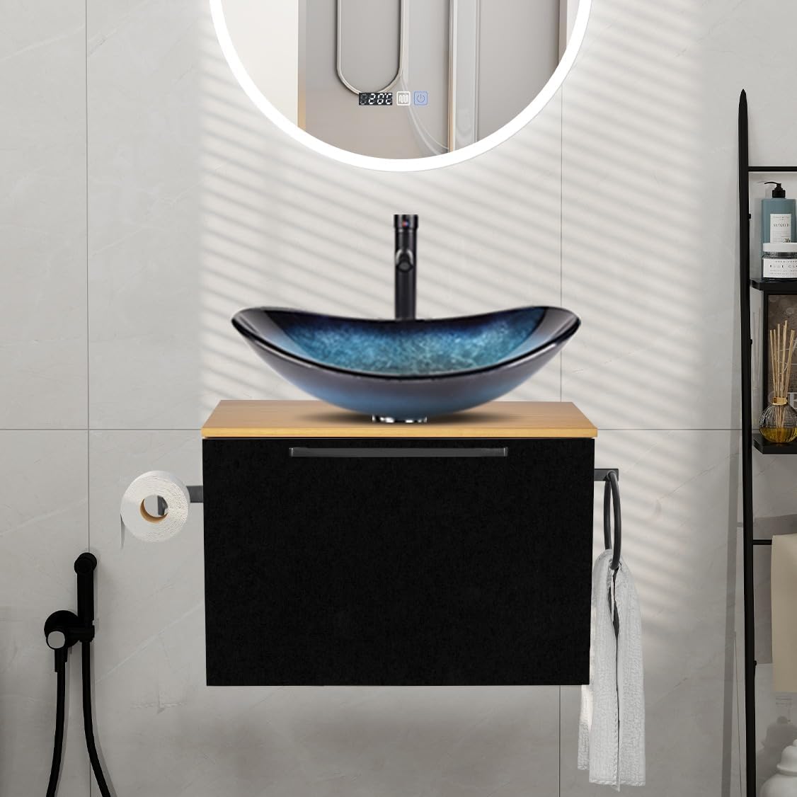 YU YUSING ensemble meubles salle de bain 60 cm ovale bleu - lavabo avec vasque à poser - armoire rangement porte serviettes papier toilette - robinets inclus style moderne-Nestuphut