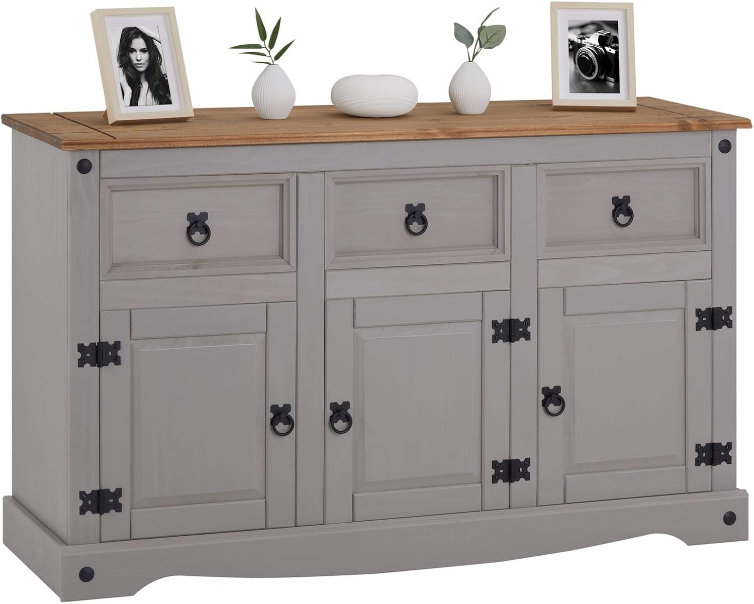 Buffet salle a manger IDIMEX Ramon 125 cm bois massif gris et brun 3 tiroirs 3 portes style campagne rangement vaisselle-Nestuphut