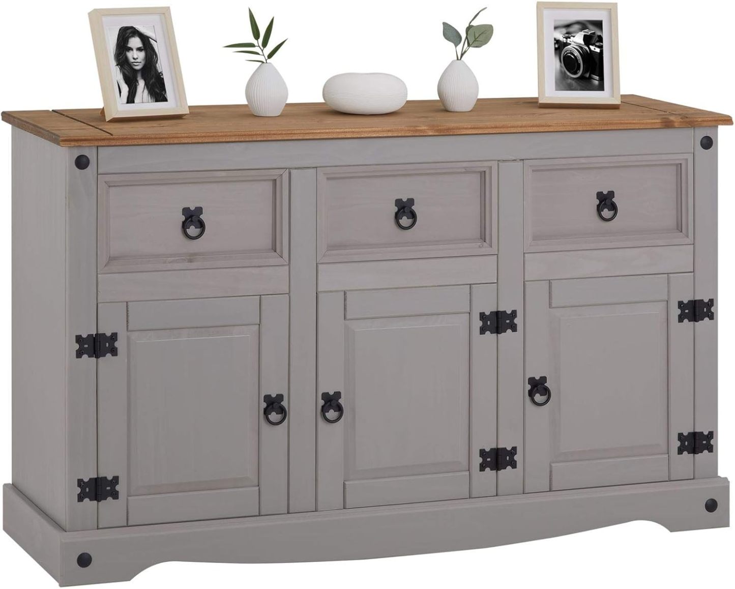 Buffet salle a manger IDIMEX Ramon 125 cm bois massif gris et brun 3 tiroirs 3 portes style campagne rangement vaisselle-Nestuphut