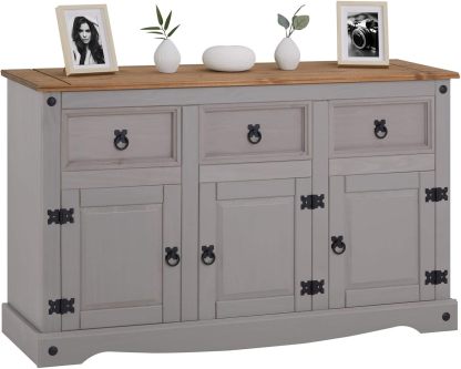 Buffet salle a manger IDIMEX Ramon 125 cm bois massif gris et brun 3 tiroirs 3 portes style campagne rangement vaisselle-Nestuphut