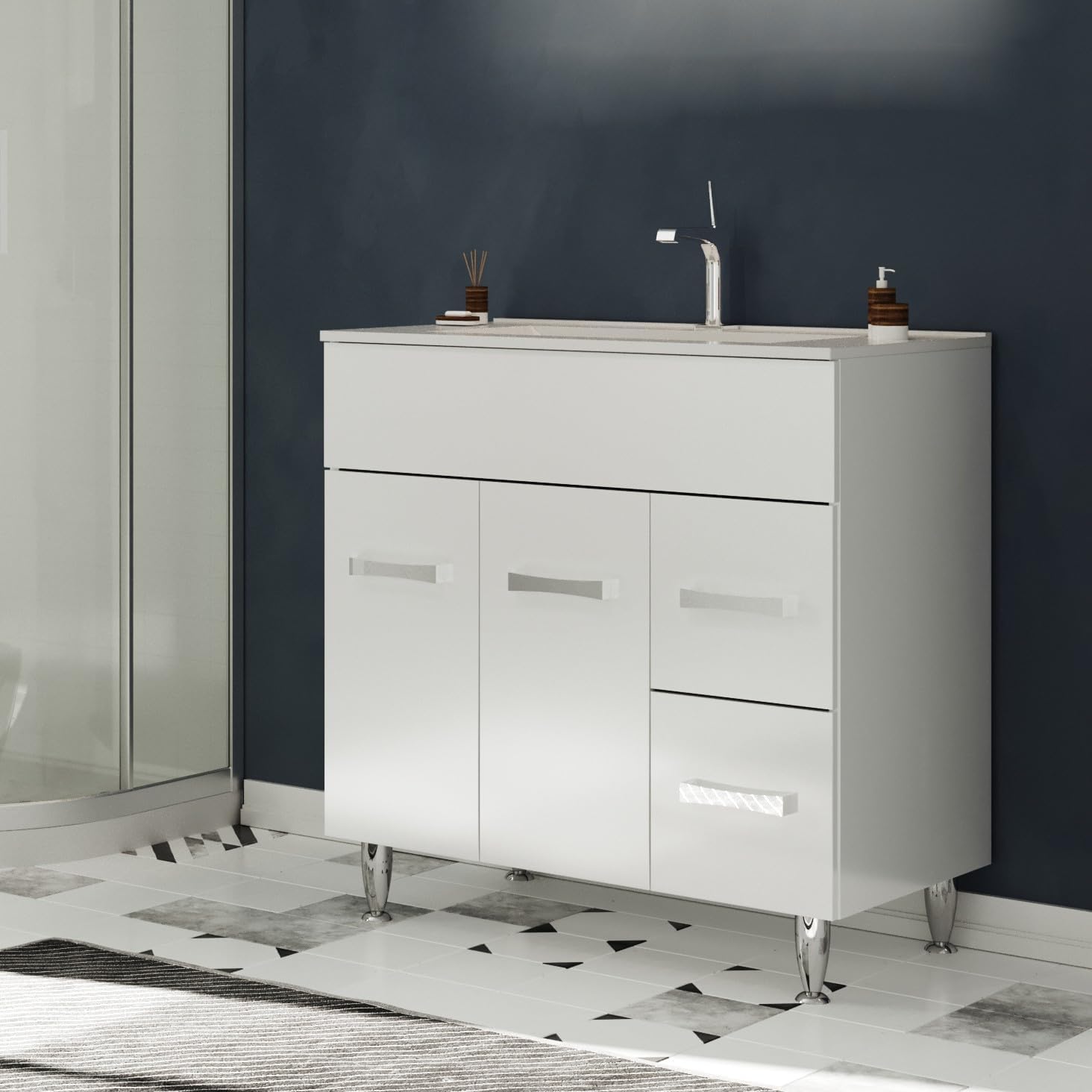 SANIVERRE Madrid meuble salle de bain blanc - 80 x 47 x 86 cm avec simple vasque - bois d ingénierie résistant humidité - portes battantes montage au sol-Nestuphut