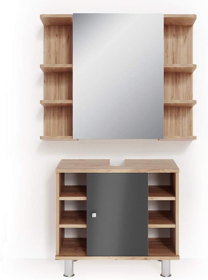 Vicco Fynn ensemble meubles salle de bain chêne et anthracite - 2 parties montage au sol - bois d ingénierie étagère réglable - porte miroir limite 35,2 kg-Nestuphut