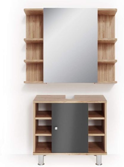 Vicco Fynn ensemble meubles salle de bain chêne et anthracite - 2 parties montage au sol - bois d ingénierie étagère réglable - porte miroir limite 35,2 kg-Nestuphut