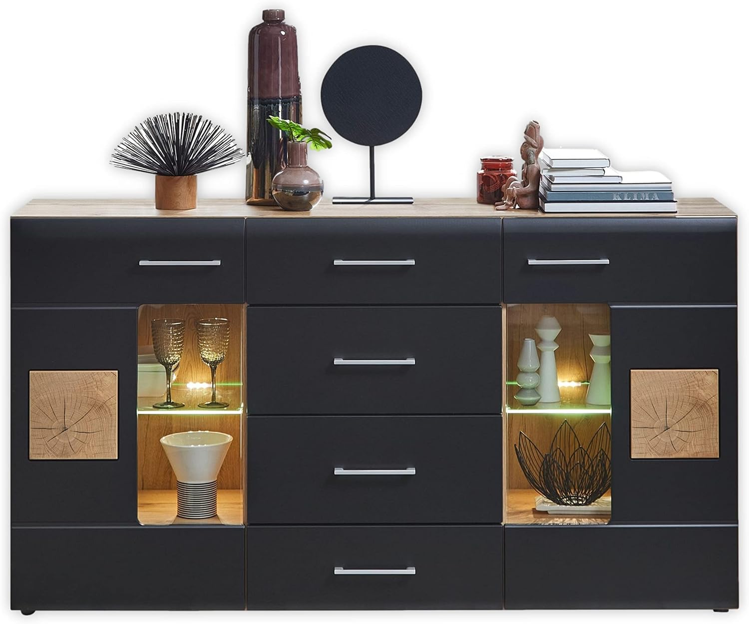 Buffet salon Stella Trading Sonate 170 cm chene vieilli noir LED tiroirs rangement moderne-Nestuphut