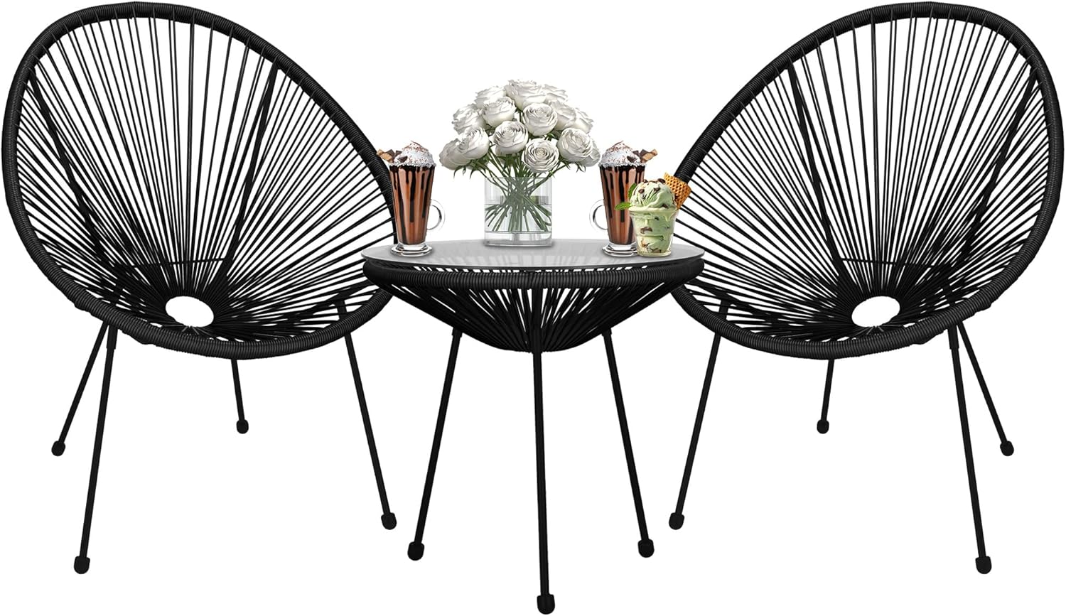 Lot de 2 chaises de jardin Acapulco SPRINGOS en rotin synthétique noir avec table en verre style moderne-Nestuphut