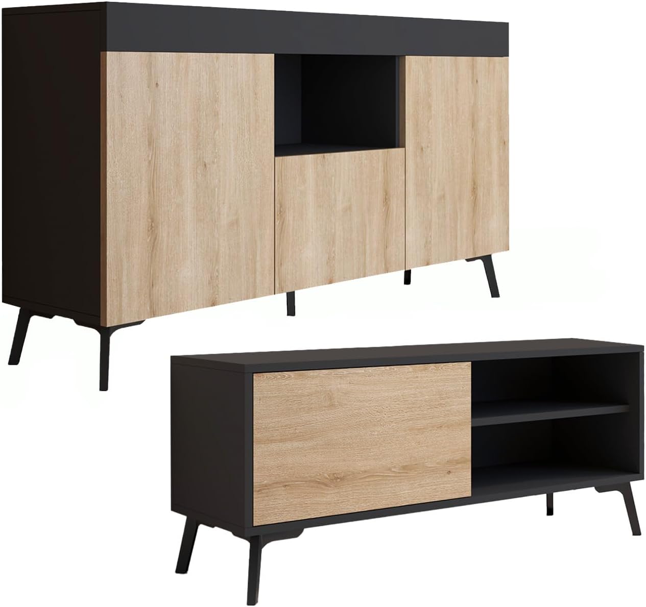 MB Muebles Bonitos Kai ensemble salon noir et Sonoma - buffet et meuble TV assortis - mélamine mate style moderne - rangement coordonné poids 41 kg-Nestuphut