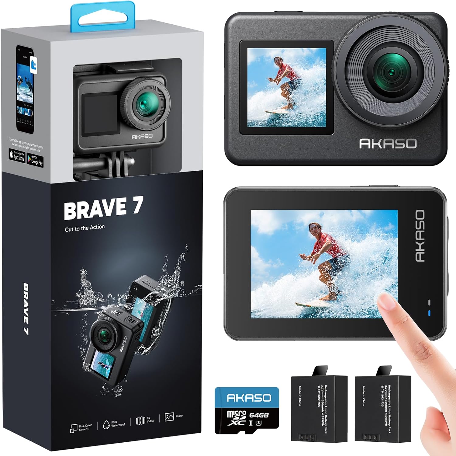 AKASO Brave 7 caméra sport - 4K carte 64 Go IPX8 double écran tactile 20 MP EIS 2.0 télécommande et 2 batteries-Nestuphut