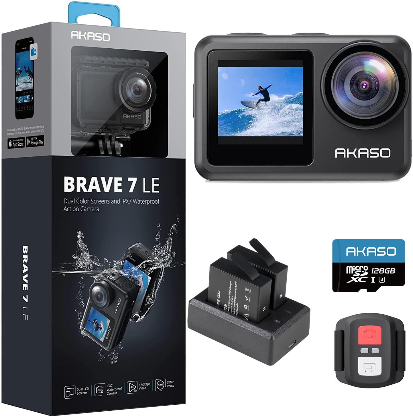 AKASO Brave 7 Le - Caméra sport 4K avec carte mémoire 128 Go - Écran tactile IPX7 double écran et EIS-Nestuphut